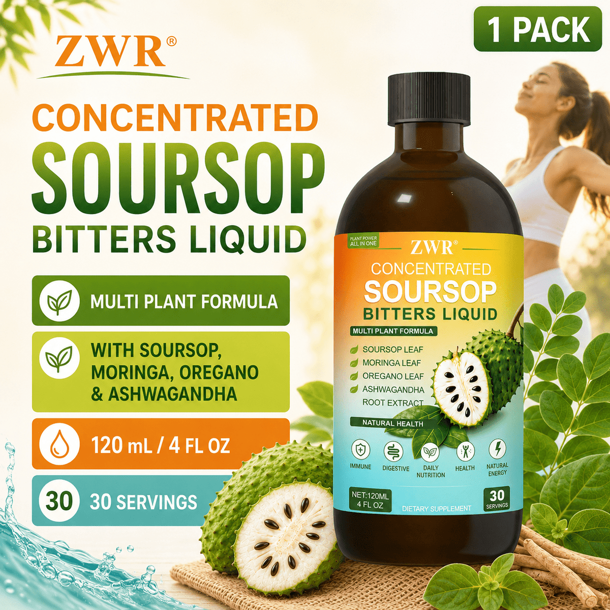 1 PCS, Soursop Bitters Liquid, Soursop Leaf Extract, Moringa Leaf Extract, Oregano Leaf Extract, Ashwagandha Root Extract, Herbal Nutrition, Daily Wellness