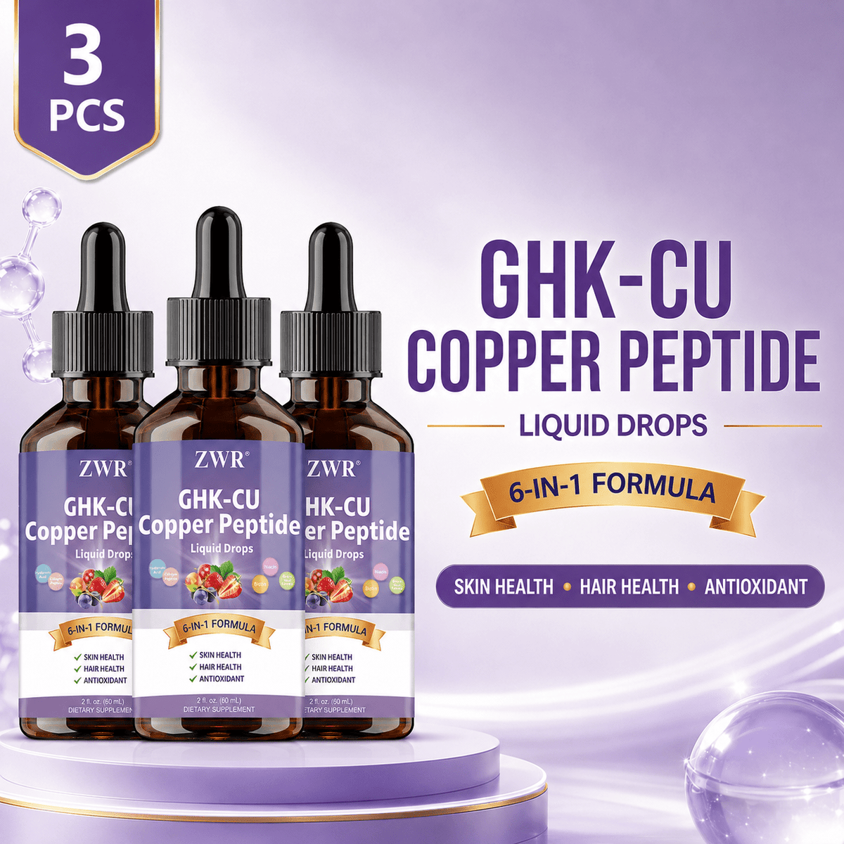 1 PC/ 3 PCS - GHK-Cu Liquid Peptide Drops - 6-in-1 Collagen, Hyaluronic Acid & Biotin for Skin & Hair Wellness