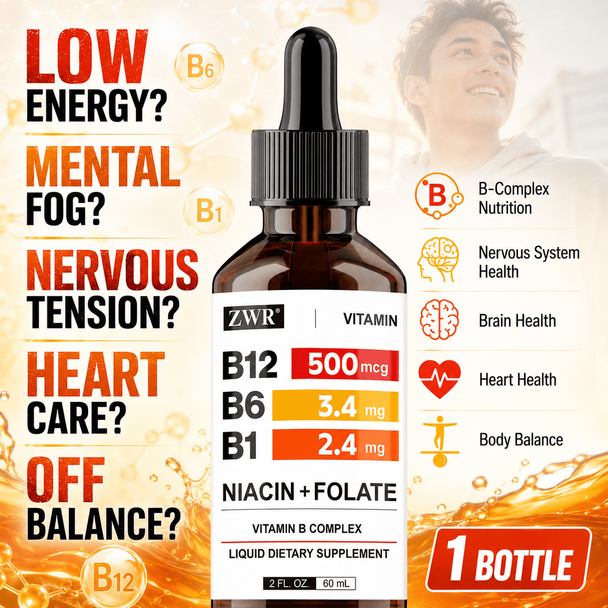 1/2/3 Bottles, Vitamin B Complex Liquid Dietary Supplement, B12 B6 B1 with Niacin + Folate, 2 FL. OZ./ 60 mL, 30 Servings, Daily B-Complex Nutrition for Adults