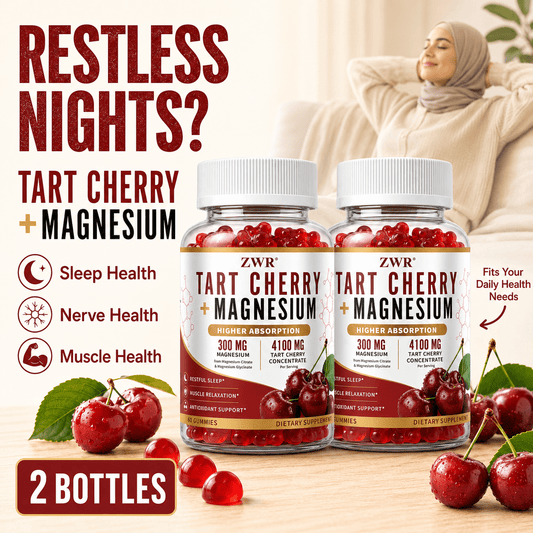 2 Bottles Tart Cherry + Magnesium Dietary Supplement Gummies, Higher Absorption Formula, 4100 mg Tart Cherry Concentrate, 300 mg Magnesium, Sleep Health, Nerve Health, Relaxed Daily Feel, 60 Gummies Per Bottle
