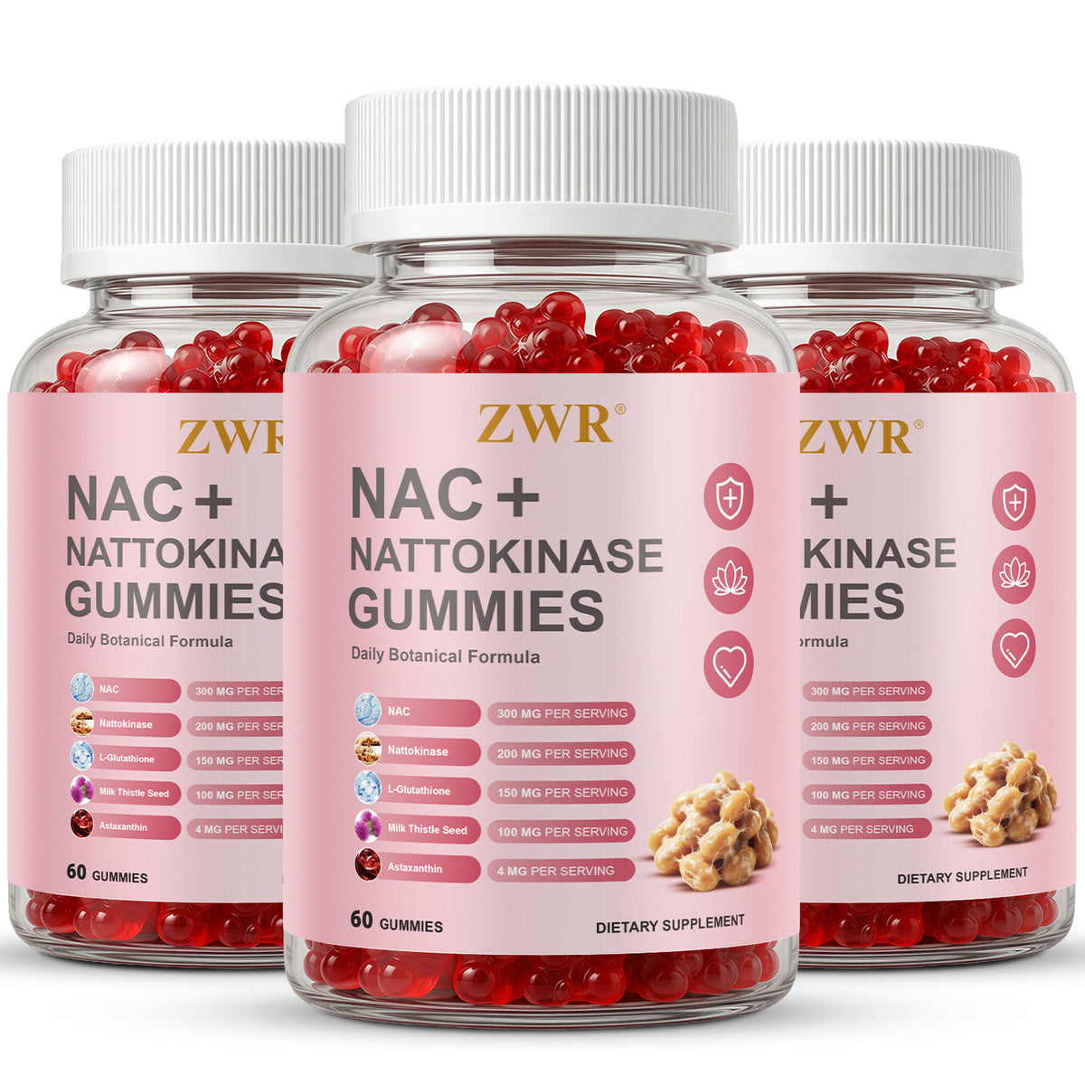 ZWR NAC Gummies with Nattokinase 4000 FU, Reduced Glutathione, Alpha Lipoic Acid, Beet Root Extract and Milk Thistle, Convenient Daily Botanical Formula, 60 Gummies-Brain and cardiovascular health, healthy circulatory system