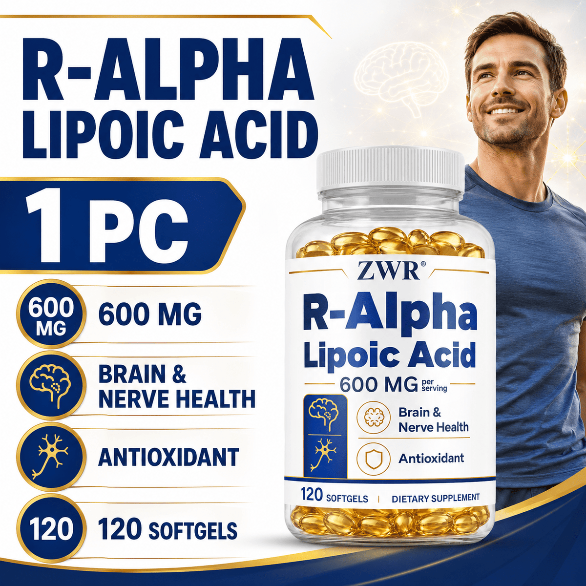 R-Alpha Lipoic Acid Softgels - For Cellular Protection, Brain Wellness & Antioxidant Nutrition - With R-ALA 600mg - Per Bottle: 120 Softgels