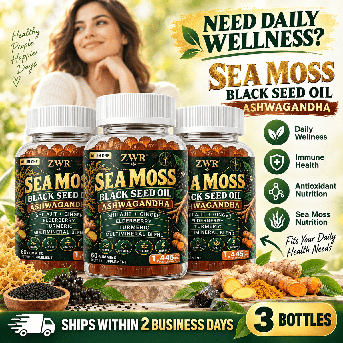 1 Bottle Sea Moss Black Seed Oil Ashwagandha Gummies, 1445 mg Per Serving, Shilajit, Ginger, Elderberry, Turmeric, Multimineral Blend, Daily Wellness, 60 Gummies