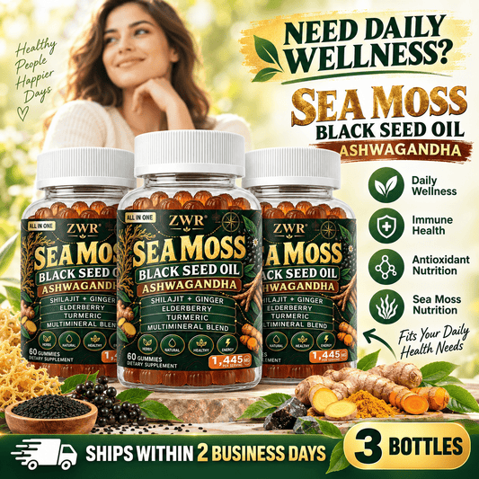 1 Bottle Sea Moss Black Seed Oil Ashwagandha Gummies, 1445 mg Per Serving, Shilajit, Ginger, Elderberry, Turmeric, Multimineral Blend, Daily Wellness, 60 Gummies