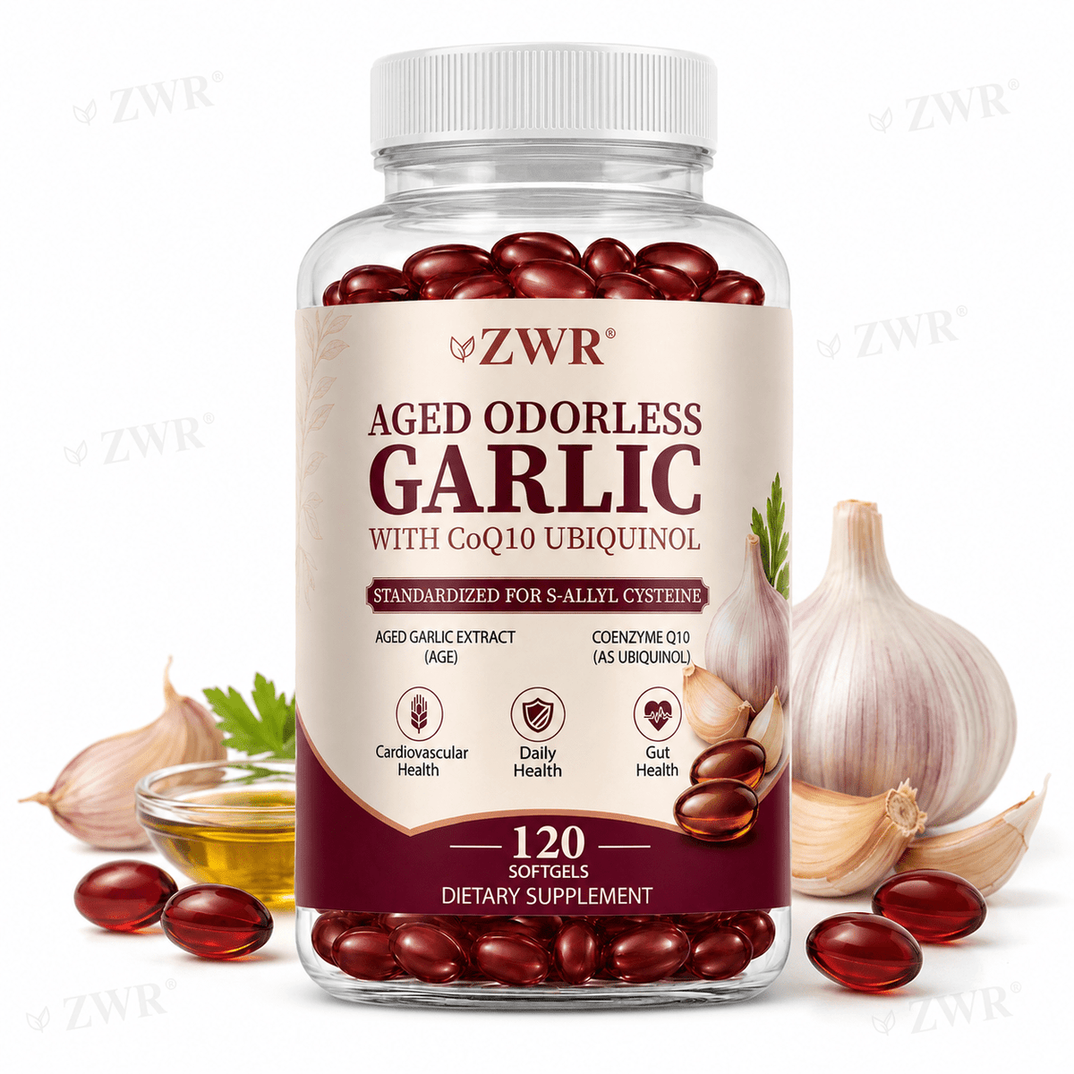 Odorless Aged Garlic Extract Softgels 600mg, (120 Softgels), with CoQ10 Ubiquinol & S-Allyl Cysteine, Cardiovascular Support, Cholesterol Wellness, Digestive Support & Daily HealthEasy-to-Swallow, Premium Garlic Dietary Supplement