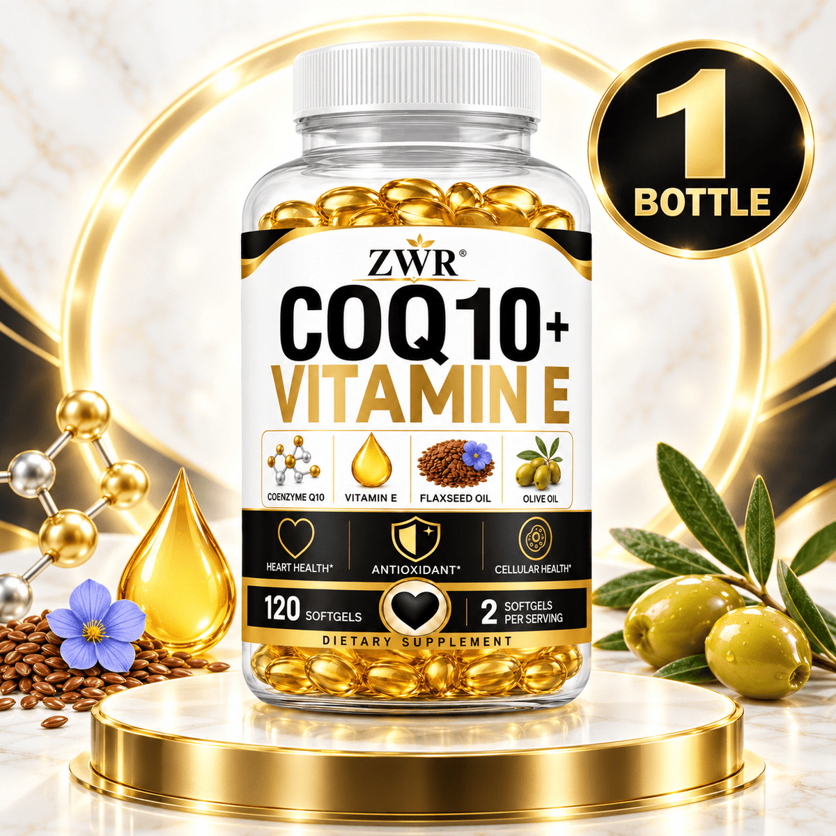 ZWR Coenzyme Q10 Softgels with Vitamin E, Flaxseed Oil 300mg, Olive Oil 200mg & Black Pepper Extract 5mg Per Serving, 120 Softgels