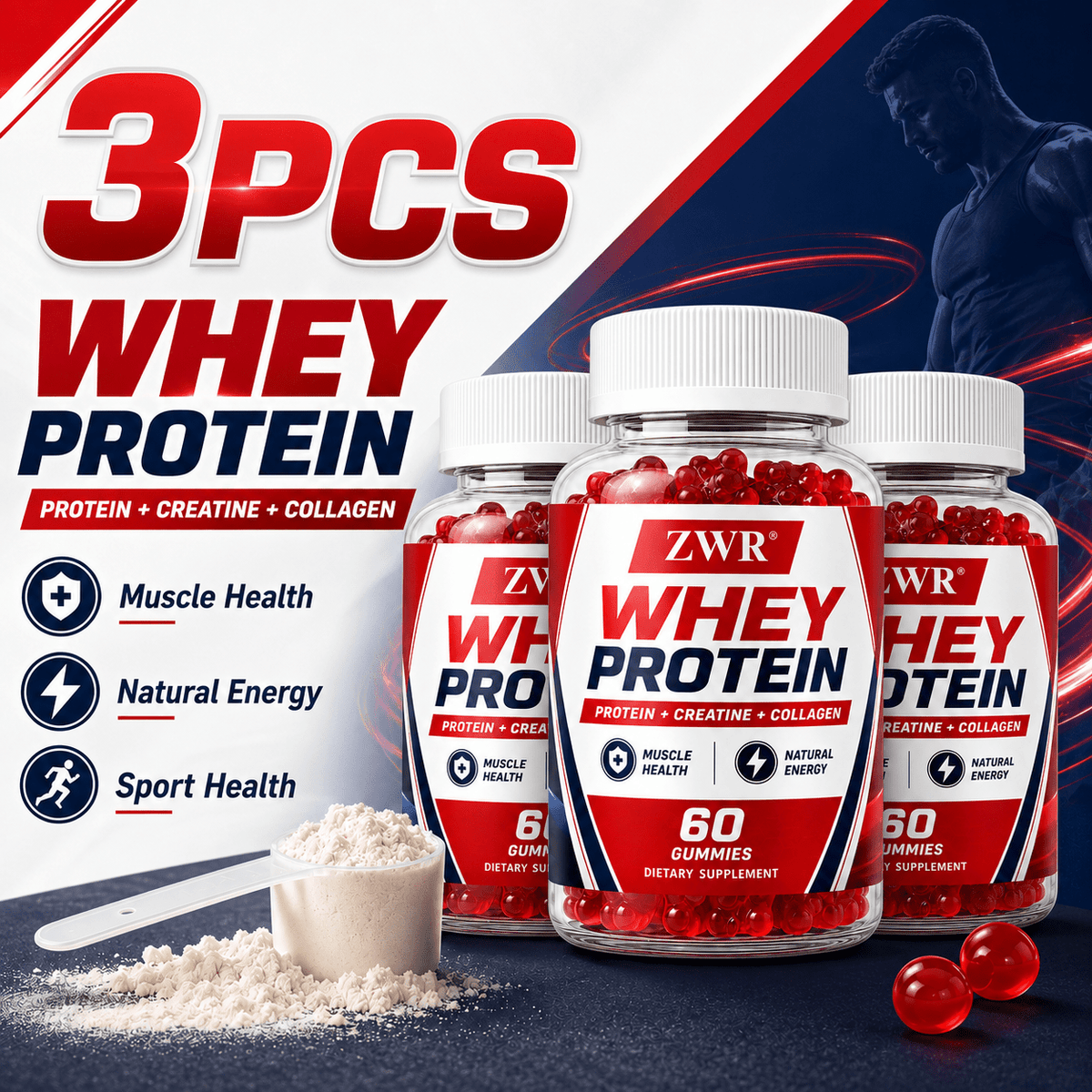 Whey Protein Gummies, Protein Creatine & Collagen Formula with Electrolyte Minerals, Daily Energy Support, Hydration Support, Active Lifestyle Gummies
