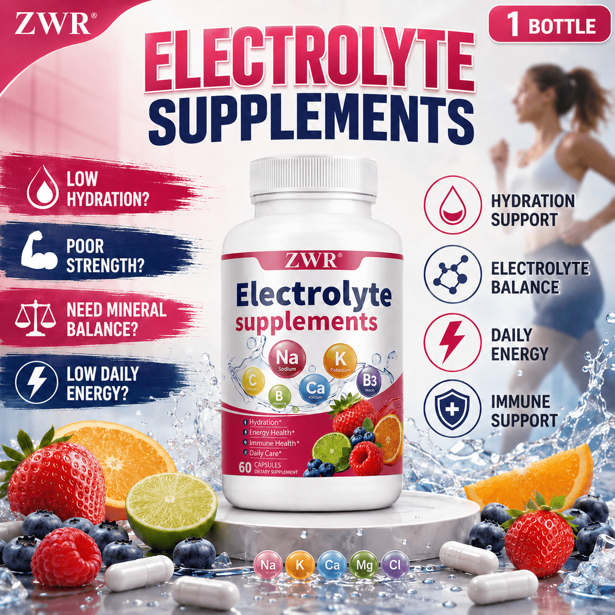 11-in-1 Electrolyte Complex | 60 Vegetable Capsules with Sodium, Potassium, Chloride, Calcium, Magnesium, Zinc, Vitamins C, B6 & B12 | Energy & Immune Support, Rapid Hydration, Electrolyte Refill