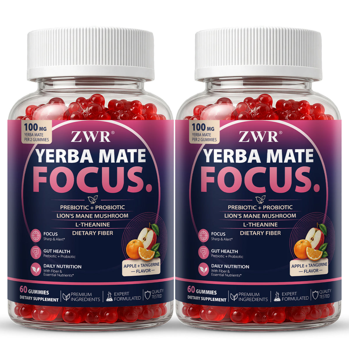 ZWR Lion's Mane and Yerba Mate Gummies with L-Theanine, Chicory Inulin, Apple Fiber, Citrus Pectin and Pea Fiber, Daily Focus and Mental Clarity Formula for Adults, 60 Gummiest-Brain Health and Gut Supplements: Focus, Mood, and Gut Health