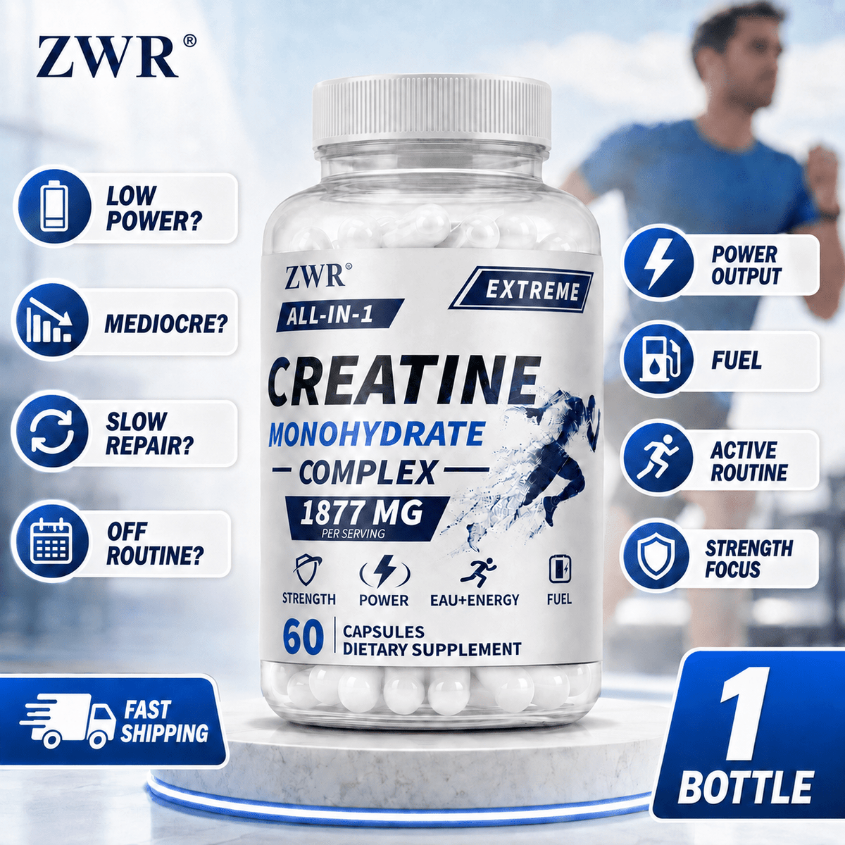 Creatine Capsules, Muscle Health, Immune Support, Energy, Antioxidant. For all-round daily physical nourishment, multi-nutrient energy & antioxidant complex. Contains Creatine Monohydrate, Alpha-Lipoic Acid, Taurine, Vitamin B6, B12, 60 Counts.