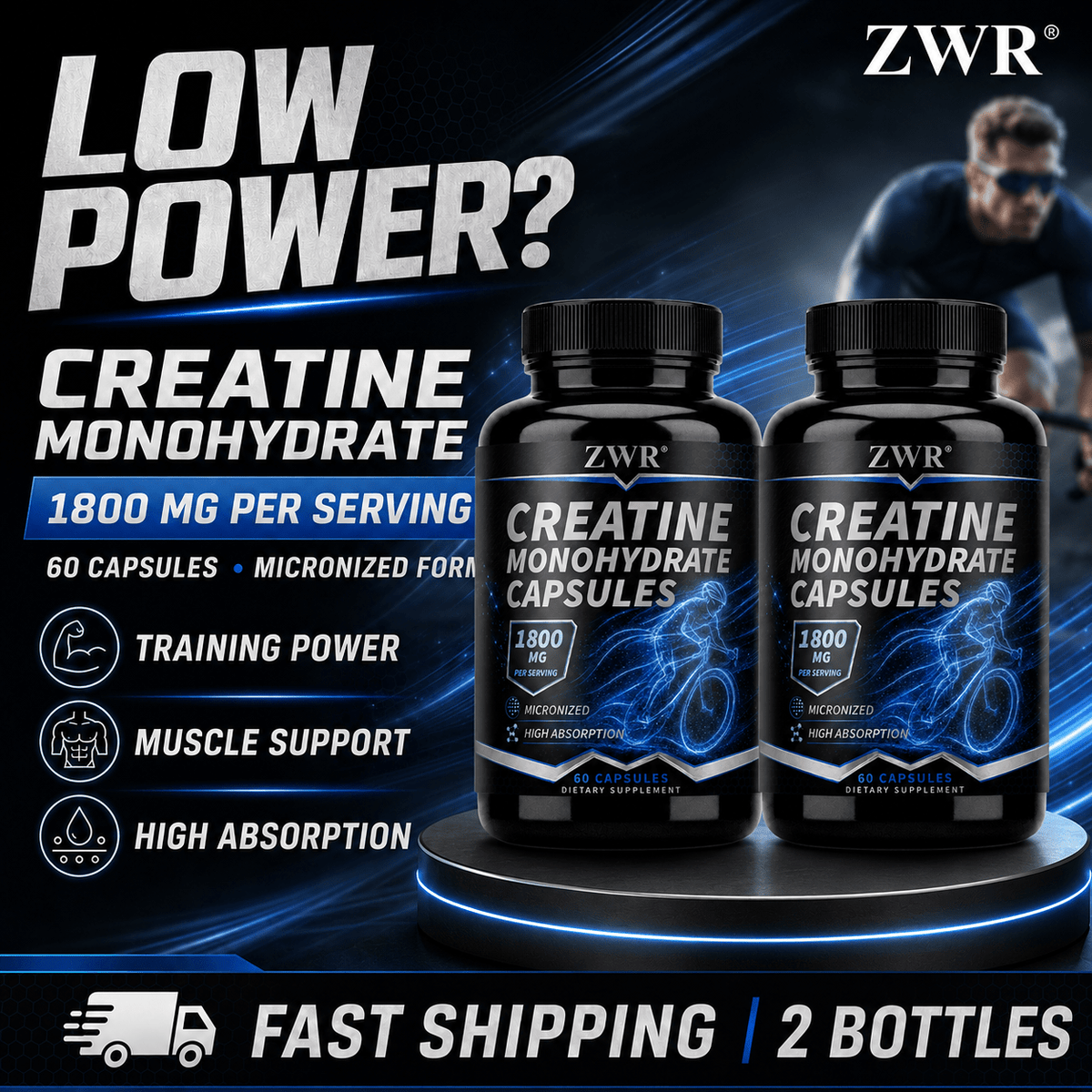 Creatine Monohydrate Capsules, 60 Count | 1, 800 mg Creatine Monohydrate per Serving | Single Sports Nutrition Formula | Muscle & Exercise Health