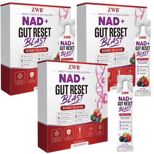 ZWR Gut Reset Berry Oral Supplement Packets, NAD+ Precursor, Type I & III Collagen, Inulin, Probiotics, Apple Cider Vinegar, Moringa, Ginkgo Biloba & Omega-3, Daily Digestive Comfort and Gut Balance Formula, Adults, 7 Count