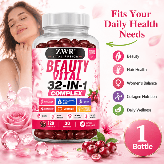 1 Bottle Beauty Vital 32-in-1 Complex Softgels, 120 Softgels, 30 Servings, with Collagen, Hyaluronic Acid, Biotin, Cranberry, Vitamin C & Evening Primrose, Beauty, Hair Health, Women's Balance, Daily Wellness