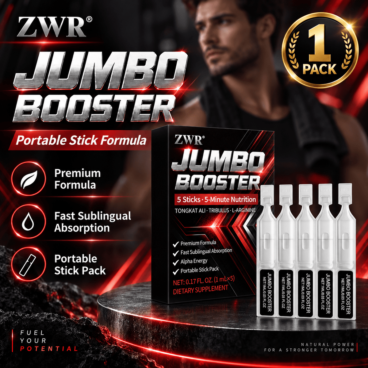 2PACK, Jumbo Men's Liquid Stick Packs, Tongkat Ali, Tribulus Terrestris, L-Arginine, Portable 5-Minute Nutrition Formula, Daily Men's Health