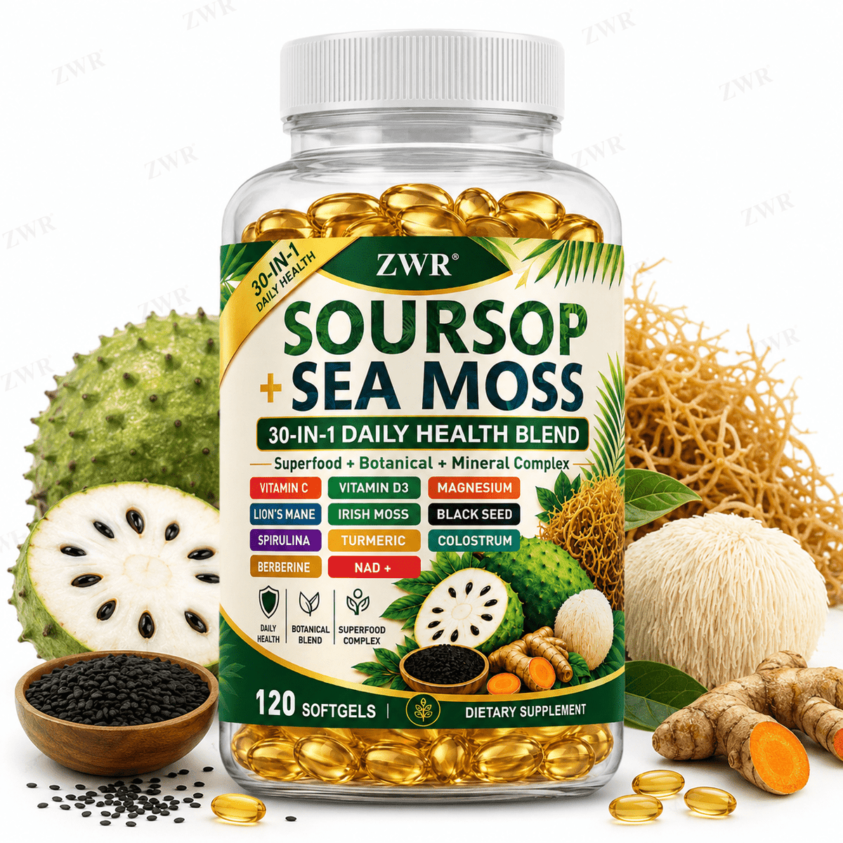 120 Count Soursop + Sea Moss Softgels [30-in-1], Daily Health Supplement, with Vitamin A+C+D+E, Lion's Mane, Spirulina, Berberine, NAD+, Magnesium, 30-in-1 Blend, for Gut Health & Antioxidant Benefits, Immune Health, Great for Both Men and Women