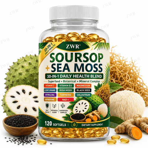 120 Count Soursop + Sea Moss Softgels [30-in-1], Daily Health Supplement, with Vitamin A+C+D+E, Lion's Mane, Spirulina, Berberine, NAD+, Magnesium, 30-in-1 Blend, for Gut Health & Antioxidant Benefits, Immune Health, Great for Both Men and Women
