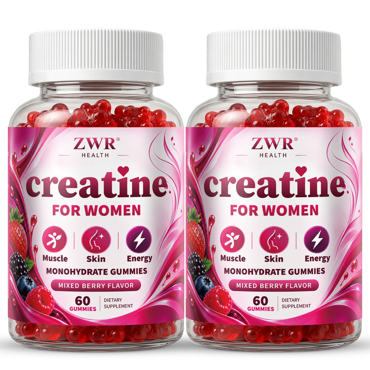 ZWR Creatine for Women Monohydrate Gummies, 60 Count | 3300 mg Creatine with 1650 mg Marine Collagen, Vitamin C, B12 & Hyaluronic Acid | Mixed Berry Flavor | Muscle Health, Beauty Nutrition & Daily Energy