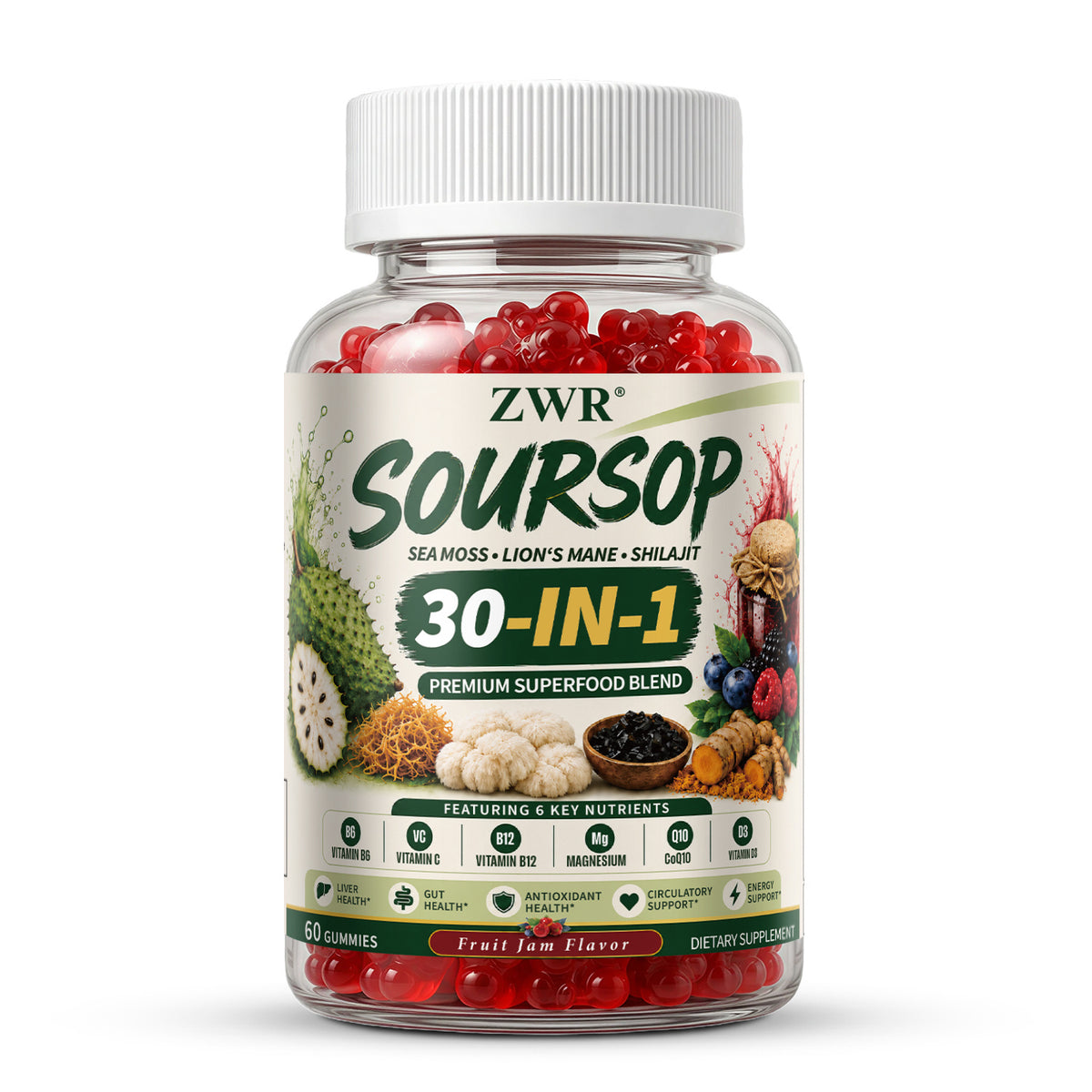 30-in-1 Soursop Gummies, Complete Herbal Supplement, with Astaxanthin, Shilajit, Soursop, Turmeric, Ginger, Sea Moss, Black Seed Oil, for Body Balance & Healthy Digestion, Great for Active Lifestyle, 60 Gummies