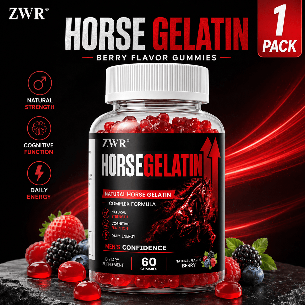 Horse Gelatin Gummies, Apple Cider Vinegar Powder, Pomegranate Fruit Powder, Beet Root Powder, Vitamin B6, Folate, Vitamin B12, Daily Wellness Formula