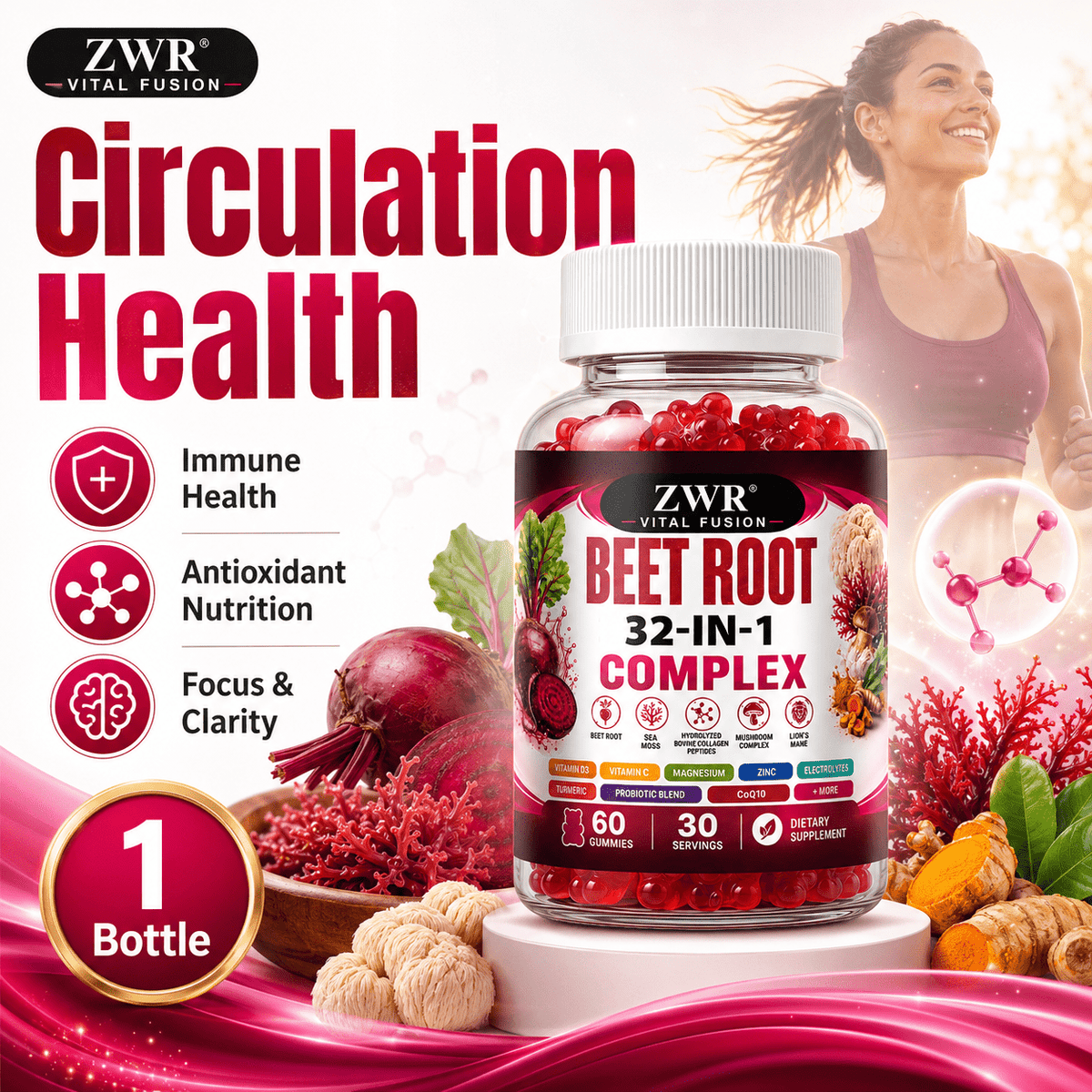 1 Bottle Beet Root 32-in-1 Complex Gummies, 60 Gummies, 30 Servings, Multi-Benefit Daily Formula with Beet Root, Sea Moss, Collagen Peptides & Mushroom Complex