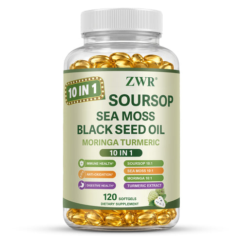 10 In 1 Soursop Sea Moss Complex Softgels, Featuring Black Seed Oil, Moringa, Turmeric Extract, Ashwagandha & Essential Vitamins, Natural Herbal Daily Wellness Supplement, 120 Softgels-Immune, digestive, skin; energy and cognitive enhancement.