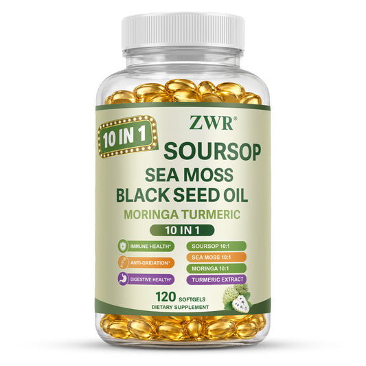 10 In 1 Soursop Sea Moss Complex Softgels, Featuring Black Seed Oil, Moringa, Turmeric Extract, Ashwagandha & Essential Vitamins, Natural Herbal Daily Wellness Supplement, 120 Softgels-Immune, digestive, skin; energy and cognitive enhancement.