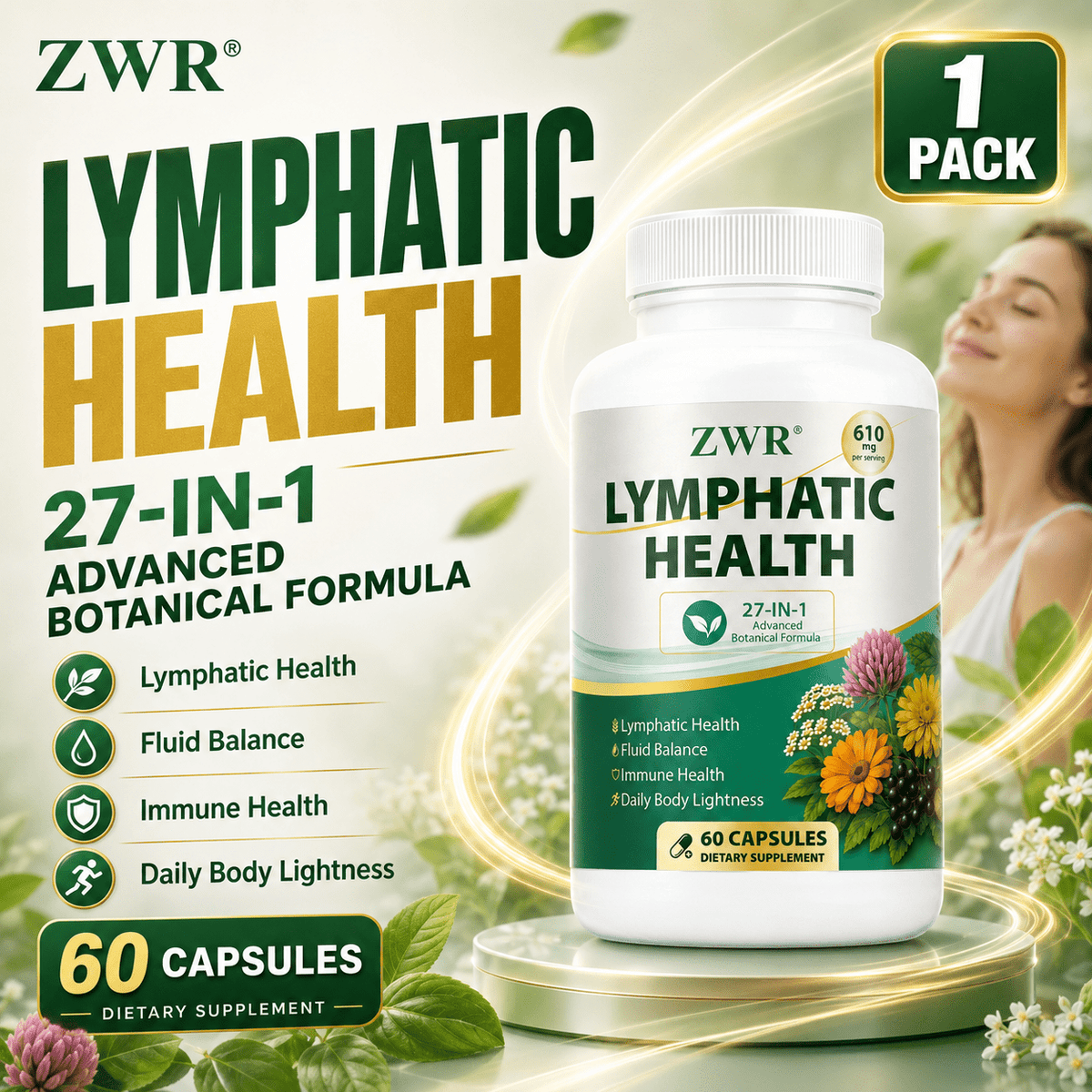 1PCS, Lymph Health Capsules, Echinacea Extract, Dandelion Extract, Burdock Root, Cleavers, Chlorophyll, Calendula, Red Clover, Nettle Leaf, Elderberry, Daily Wellness
