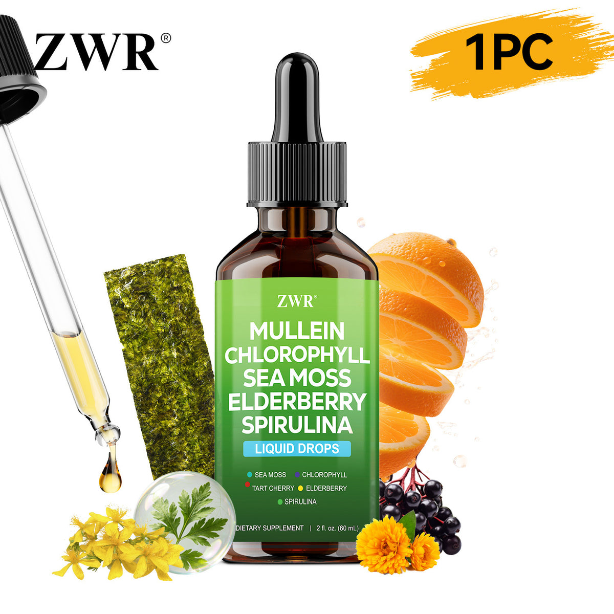 Wellness Blend Wellness Formula Daily Wellness Herbal Wellness Formula Mullein & Chlorophyll Liquid Drops - with Elderberry, Sea Moss, Spirulina, Chlorella - Plant-Based - 2 fl oz (60 ml) per Bottle