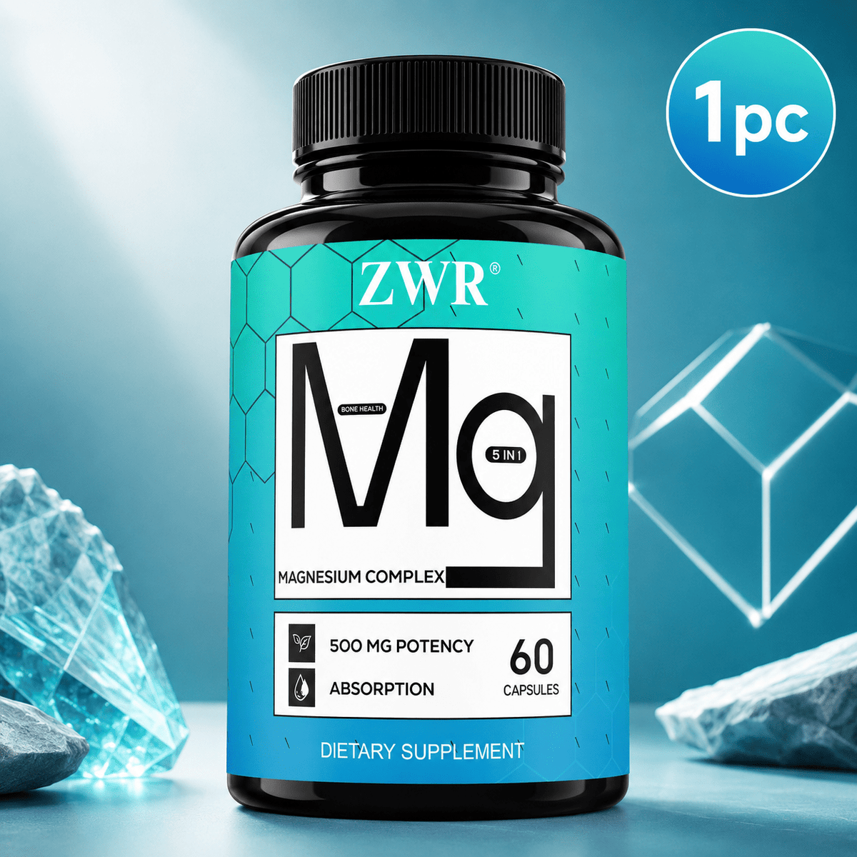 1PC 5-in-1 Magnesium Complex 500mg - Glycinate, Citrate, Malate Blend with 72 Trace Minerals, Bone Health, Muscle Health, 60 Capsules