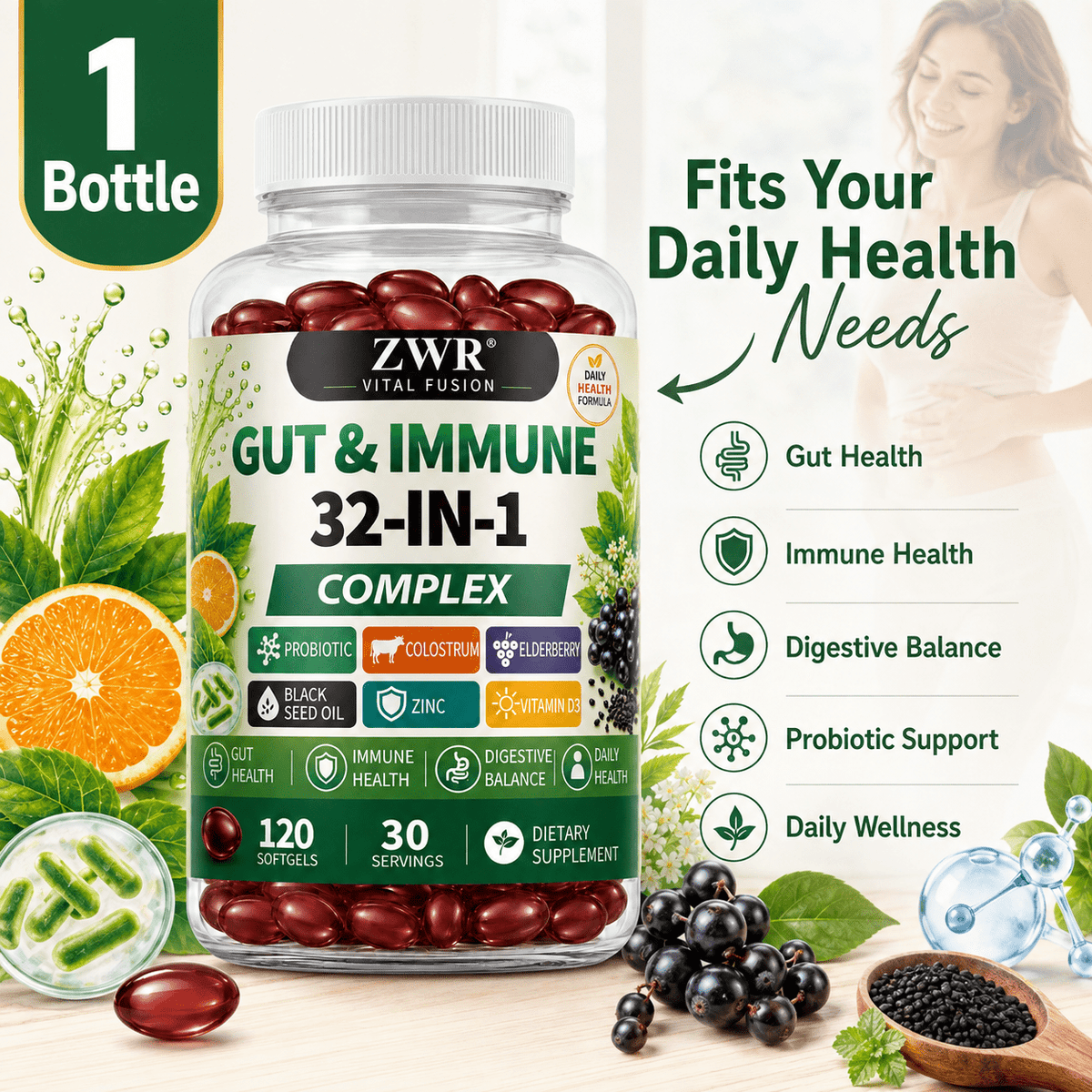 1 Bottle 32-in-1 Gut & Immune Complex Softgels, 120 Softgels, 30 Servings, Probiotic, Colostrum, Elderberry, Black Seed Oil, Zinc & Vitamin D3, Gut Health, Immune Health, Digestive Balance, Probiotic Support & Daily Wellness