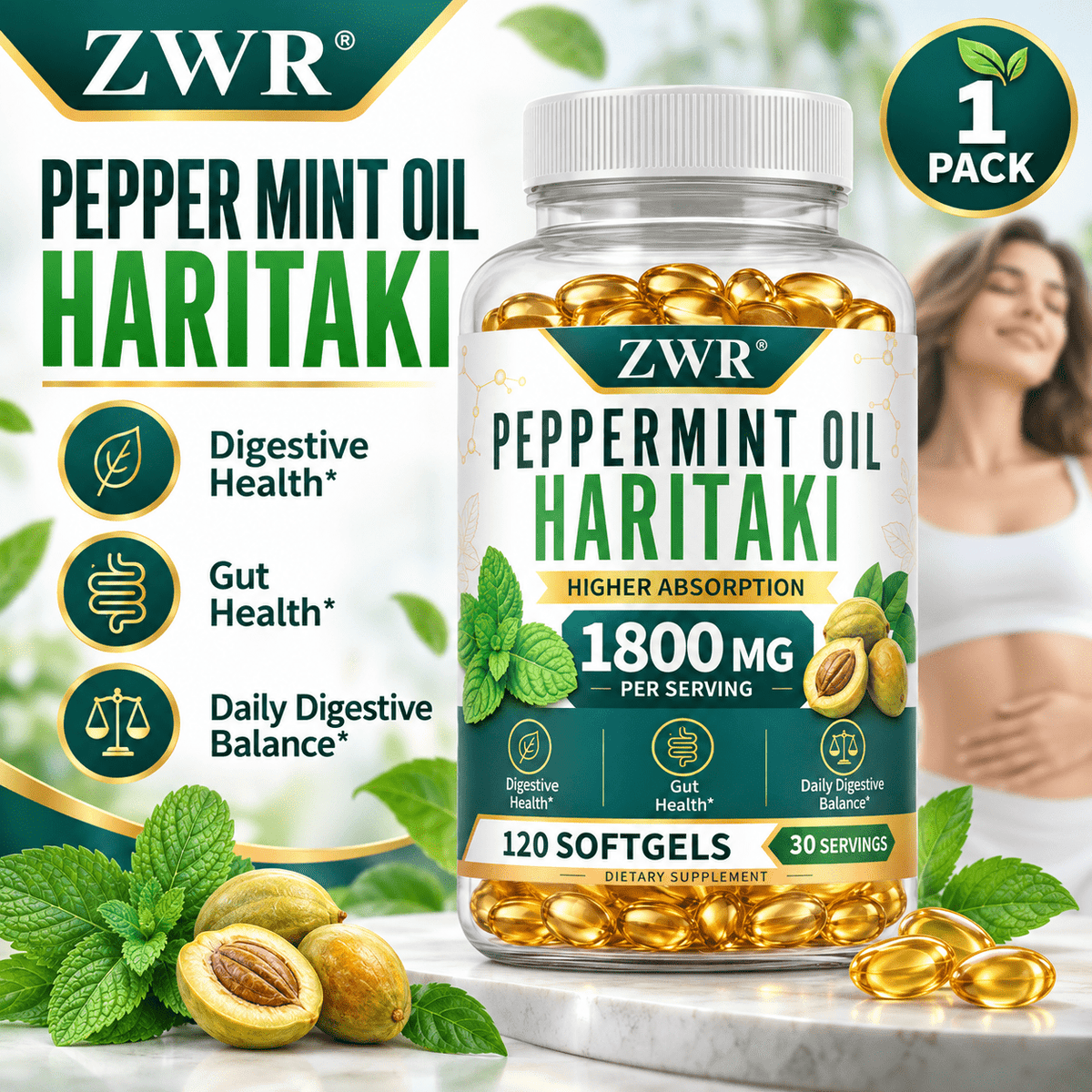 1PACK, ZWR Peppermint Oil Haritaki Softgels, 1800mg Per Serving, Peppermint Oil 600mg, Haritaki Extract 1200mg, Digestive Health, Gut Health, Daily Digestive Balance