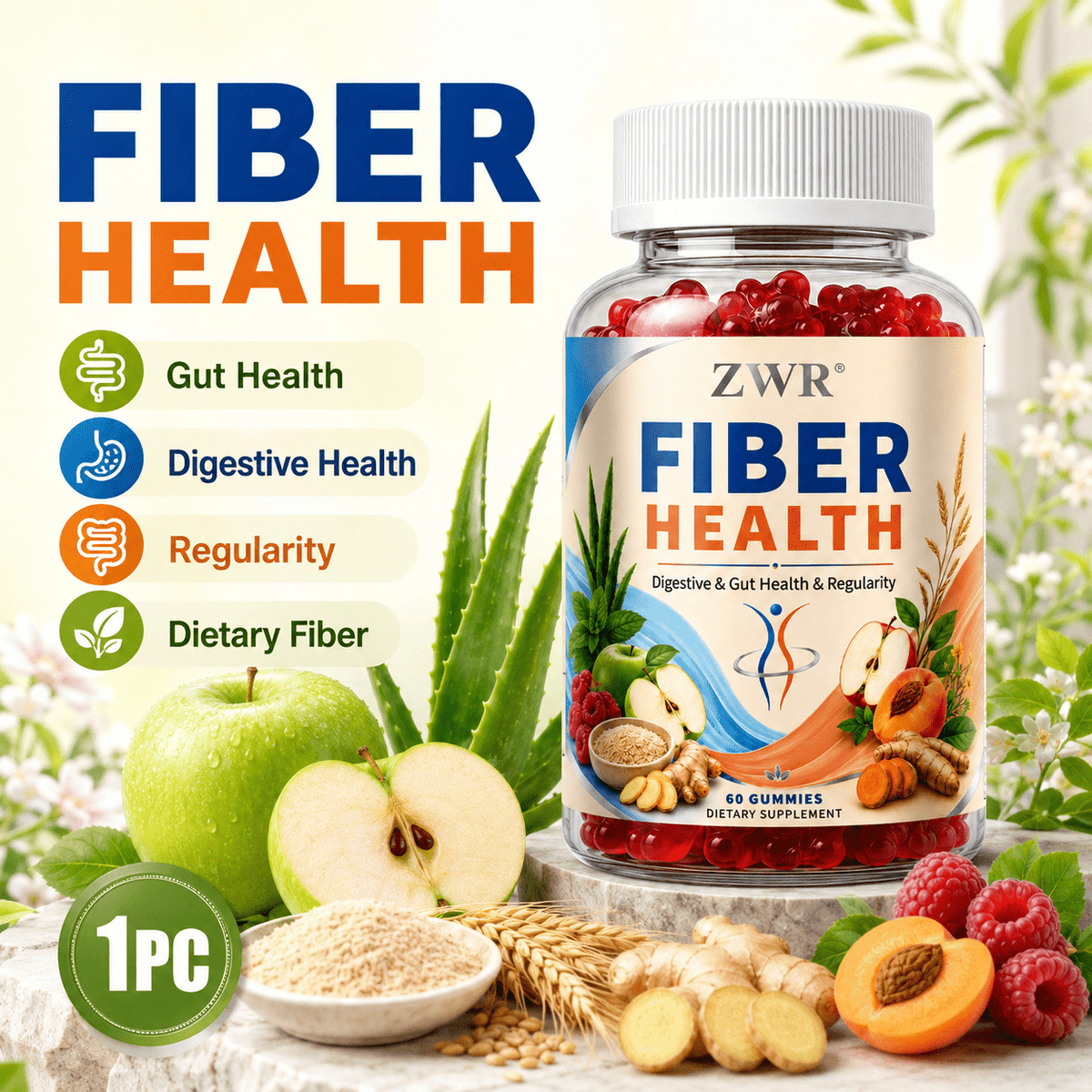 Fiber Health Gummies with Ginger, Fennel, Peppermint, Aloe Vera and Turmeric, Combined with Inulin, FOS and Soluble Fiber for Digestive Health, Gut Health, Regularity, Daily Comfort and Balanced Nutrition